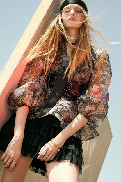 Promesa USA - Floral-Print Organza Puff-Sleeve Peplum Top: BLACK / S