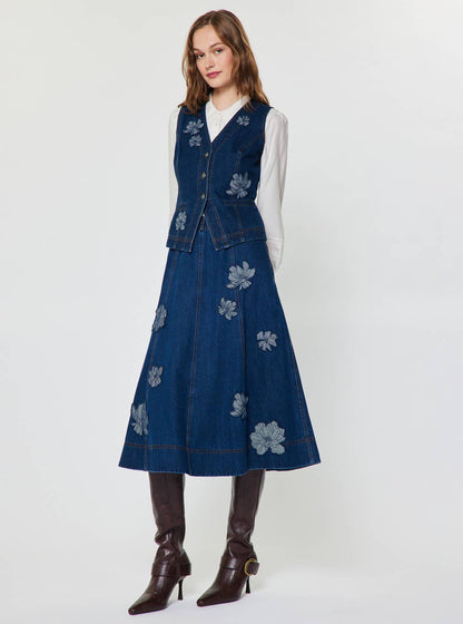 Current Air - Floral Embroidery Patch Denim Midi Skirt: Denim / S