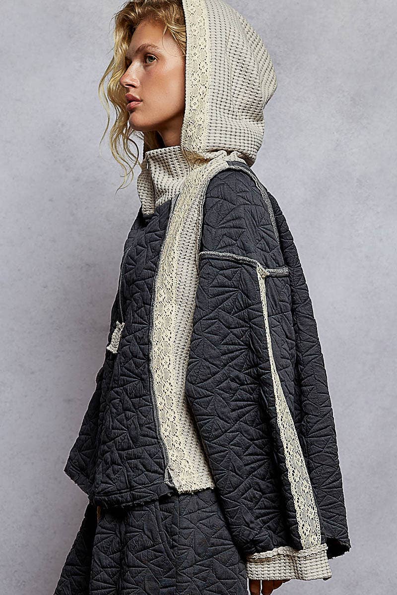 Pol Clothing - Long sleeve solid stitch edge quilted woven hoodie top: CHARCOAL / L