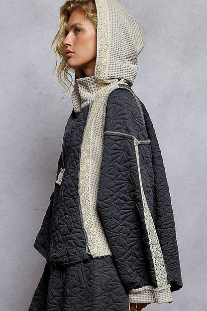 Pol Clothing - Long sleeve solid stitch edge quilted woven hoodie top: CHARCOAL / S