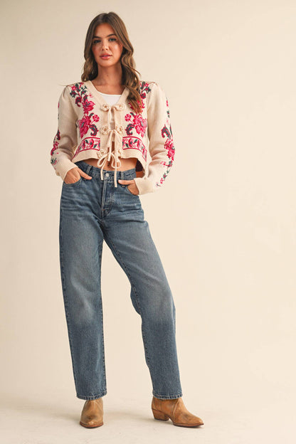&MERCI - FLORAL KNIT TIE-FRONT CROPPED SWEATER CARDIGAN MSW11133: Brick Red Floral / M