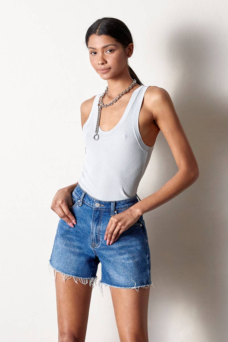 Insane Gene USA - High Rise Trim Midi Stretch Denim Shorts: L