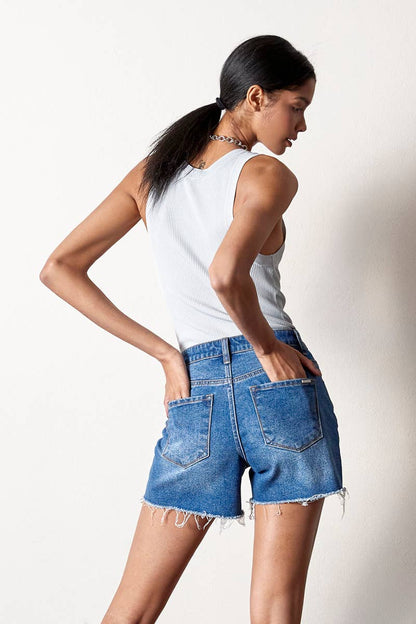 Insane Gene USA - High Rise Trim Midi Stretch Denim Shorts: S