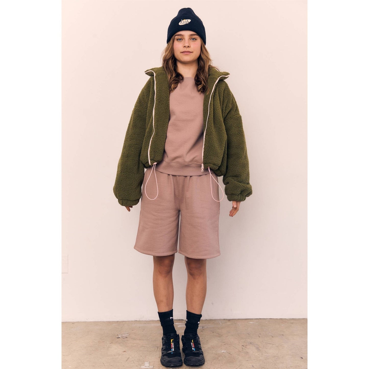 The Blank Lab - CONTRAST ZIP SHERPA JACKET-AAB648: GREEN / PINK ZIP / S-M-L(2-2-2)