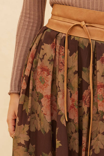 Promesa USA - Floral-Print Pleated Midi Circle Skirt: CHOCOLATE / L