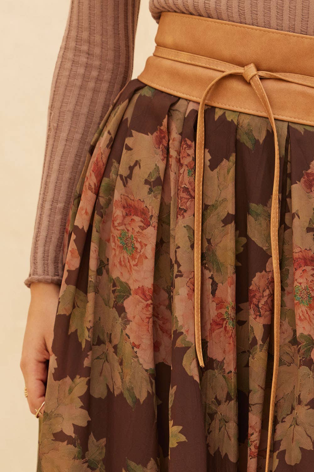 Promesa USA - Floral-Print Pleated Midi Circle Skirt: CHOCOLATE / S