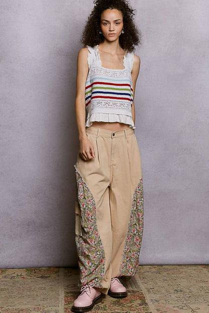 Pol Clothing - Sleeveless Striped Ruffle Cropped Thin Sweater Knit Top: NATURAL / M