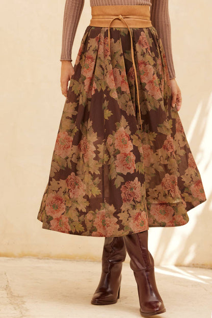 Promesa USA - Floral-Print Pleated Midi Circle Skirt: CHOCOLATE / S