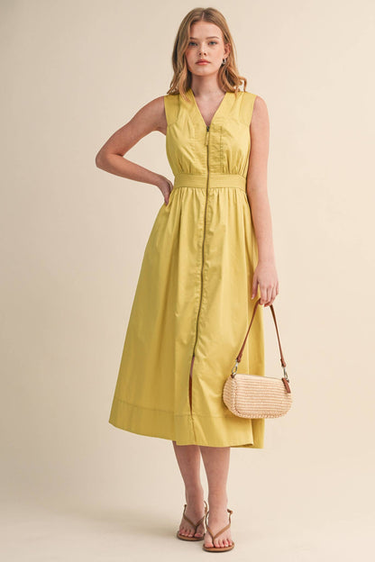 &MERCI - ZIPPER FRONT SLEEVELESS MIDI DRESS MDR4848: CITRON / M