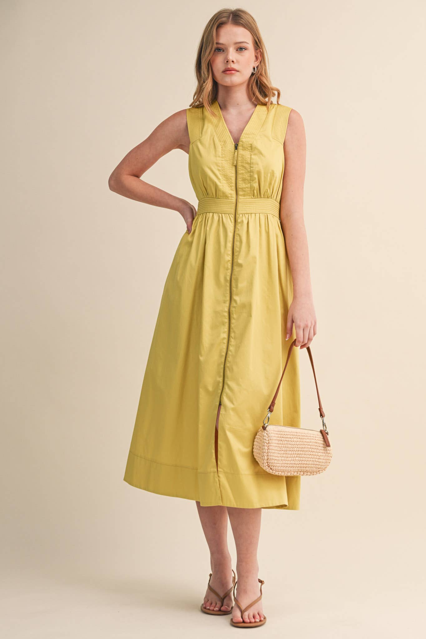 &MERCI - ZIPPER FRONT SLEEVELESS MIDI DRESS MDR4848: CITRON / S