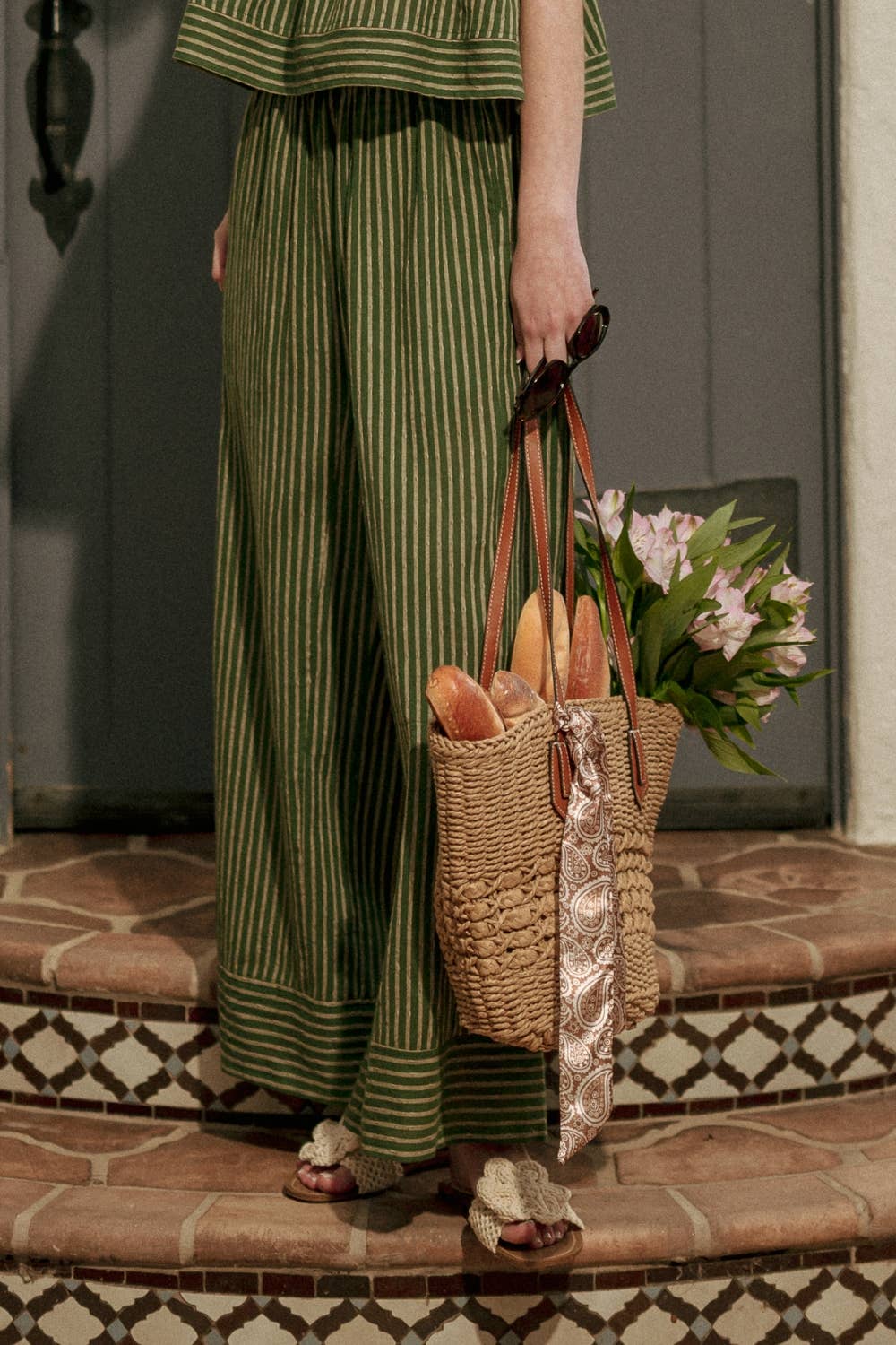 MIOU MUSE - P6358ST   STRIPED PRINT STRAIGHT WIDE LEG PANTS: GREEN / S