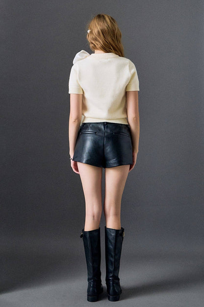 English Factory - Bow Accent Puff Sleeve Knit Top: CREAM / S