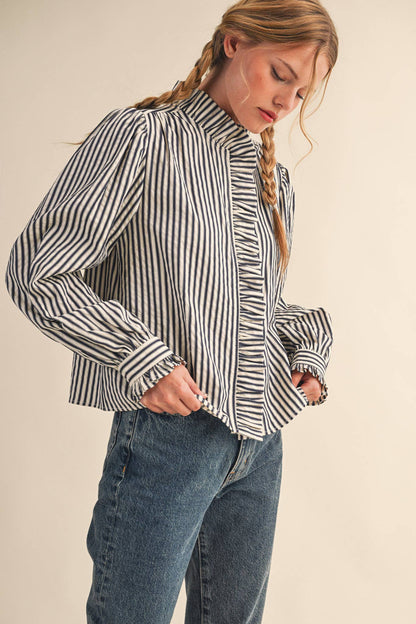 &MERCI - STRIPED RUFFLED BUTTON DOWN LONG SLEEVE TOP MTP4319: Denim Blue Stripe / S