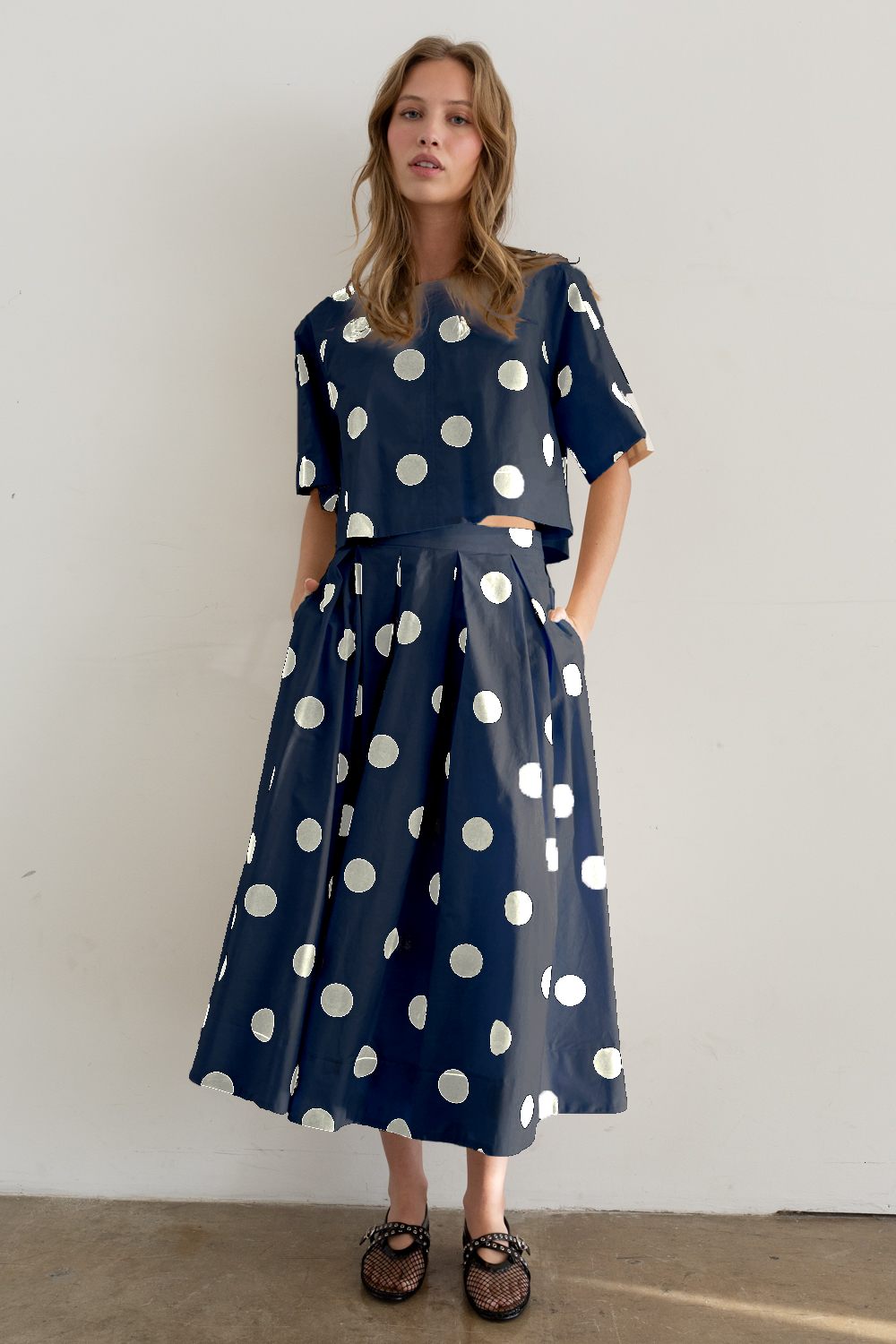 Heyson - JOS1021 Polka Dot Pleated Midi Skirt: CREAM / S