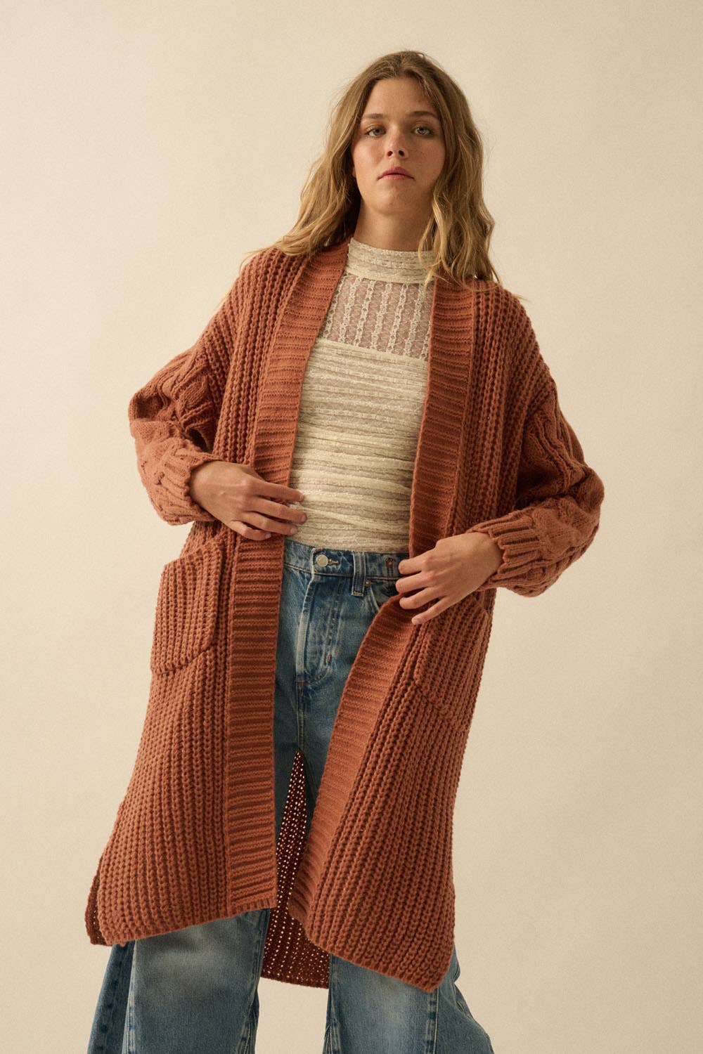 Promesa USA - Solid Rib Knit Open Front Cable Knit Cardigan: Sunburn / M