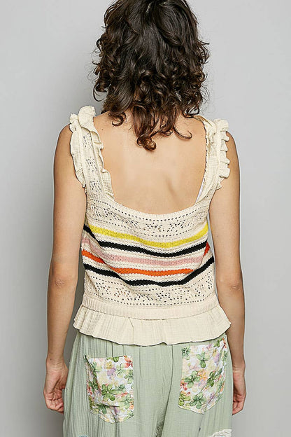 Pol Clothing - Sleeveless Striped Ruffle Cropped Thin Sweater Knit Top: NATURAL / L