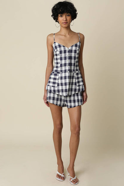 Olivaceous - Nora Gingham Linen Button Front Top: Navy White / Contemporary / S