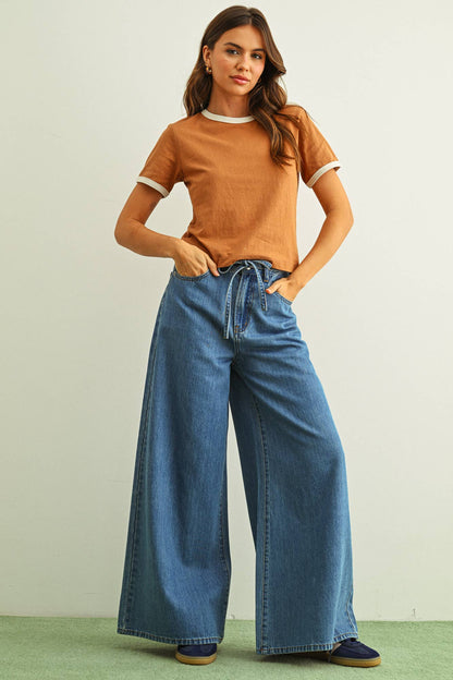 MIOU MUSE - P6402   WIDE LEG DENIM PANTS WITH SELF BELT: DENIM / S
