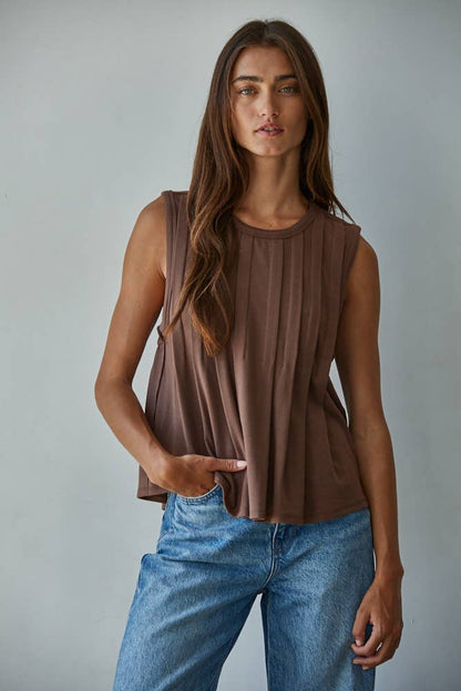 By Together - L9117 | Knit Rayon Spandex Jersey Round Neck Sleeveless Top: Cream / S