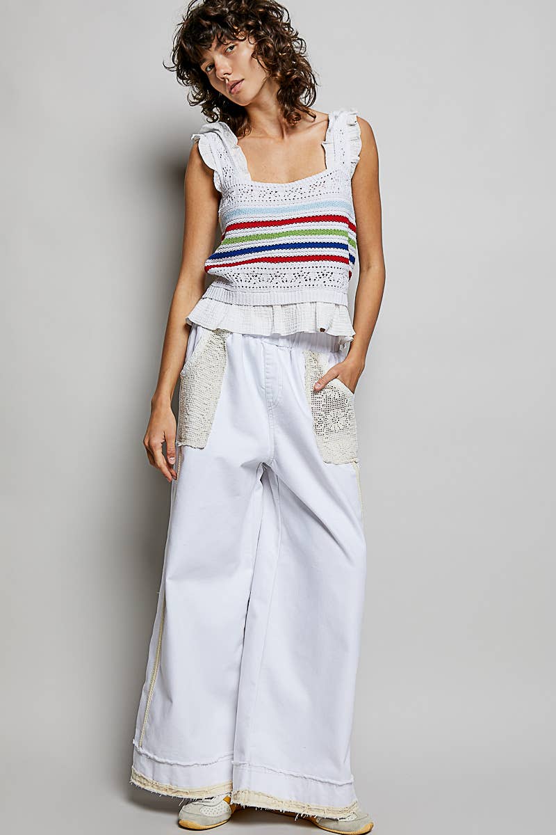 Pol Clothing - Sleeveless Striped Ruffle Cropped Thin Sweater Knit Top: NATURAL / M