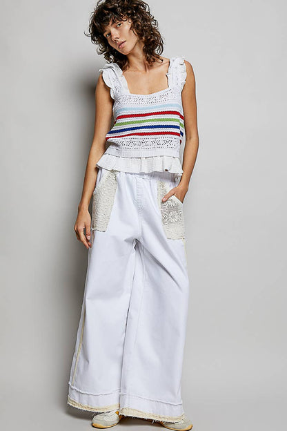 Pol Clothing - Sleeveless Striped Ruffle Cropped Thin Sweater Knit Top: NATURAL / S