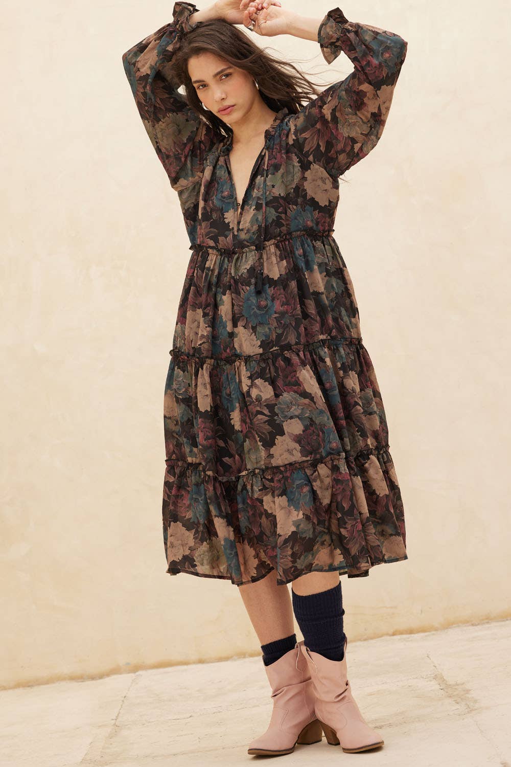 Promesa USA - Floral-Print Tiered Ruffle Long-Sleeve Midi Dress: SAND / L