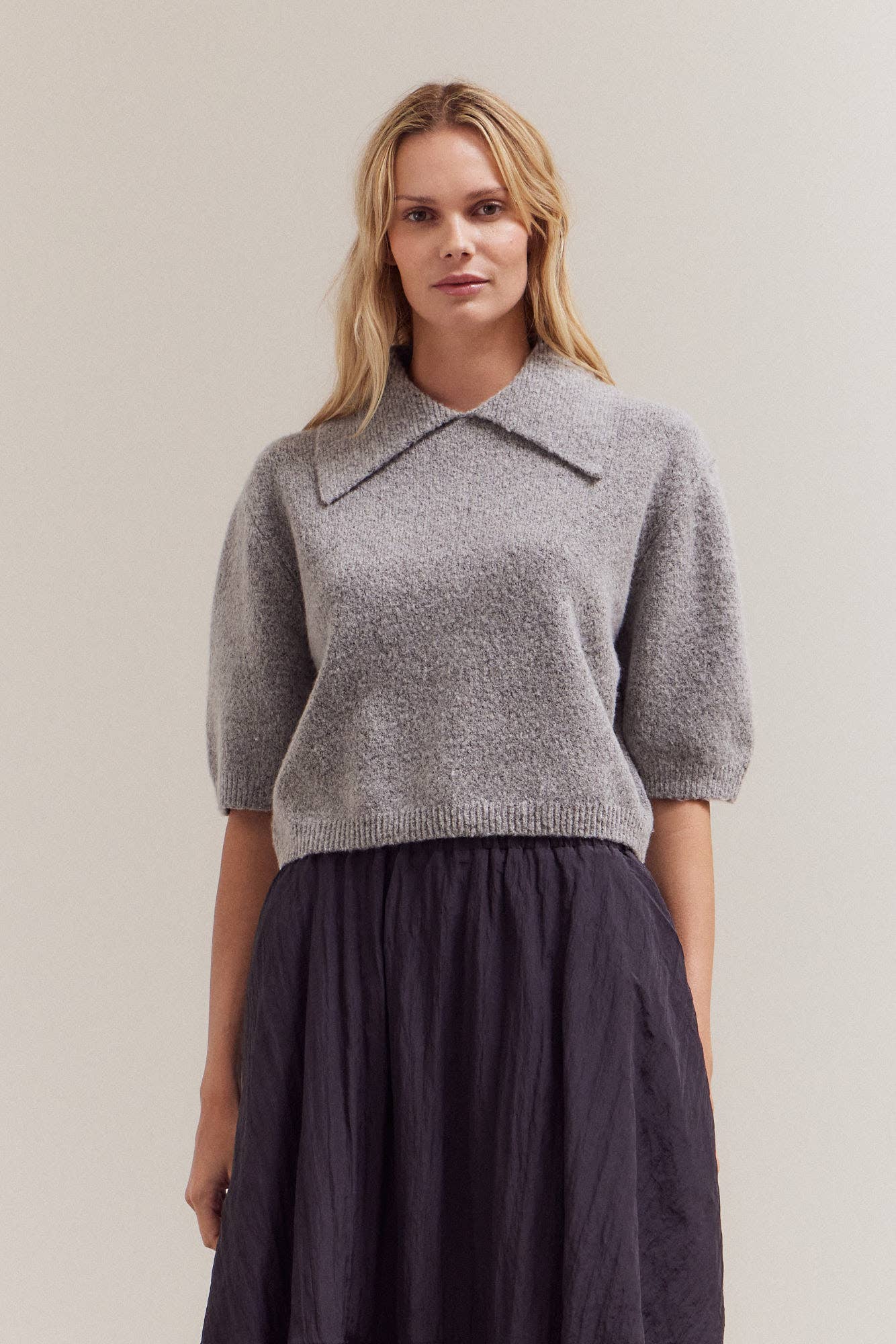 Grade & Gather - 42034 - 3/4 SHORT SLEEVE COLLAR NECK KNIT TOP: IRISH CREAM / Contemporary / LARGE