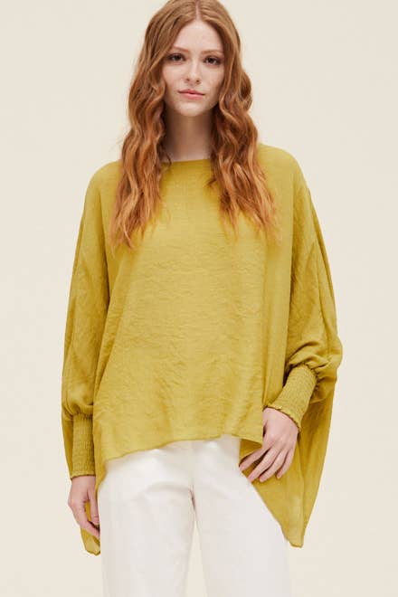 Grade & Gather - 40250PP - SMOCKED SLEEVE BLOUSE: CHARTREUSE / MEDIUM/LARGE