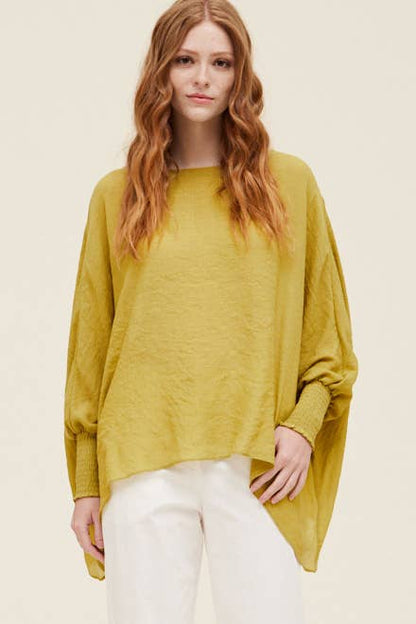 Grade & Gather - 40250PP - SMOCKED SLEEVE BLOUSE: CHARTREUSE / SMALL/MEDIUM