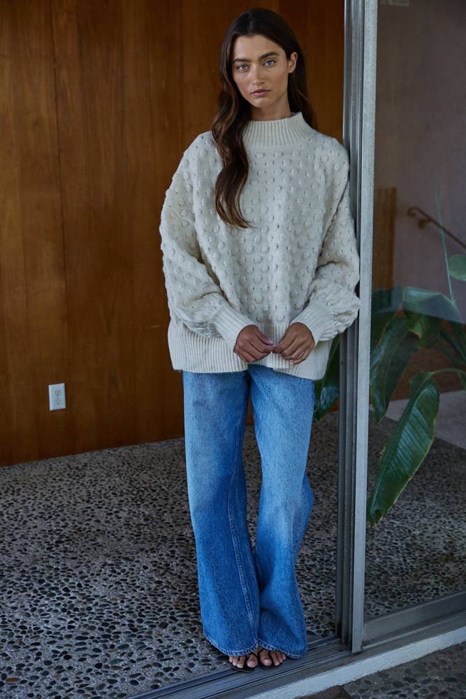 By Together - W2007 | Knit Sweater Popcorn Textured Mock Pullover: Cream / M