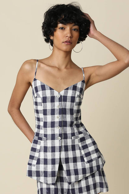 Olivaceous - Nora Gingham Linen Button Front Top: Navy White / Contemporary / L