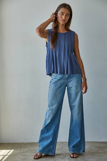 By Together - L9117 | Knit Rayon Spandex Jersey Round Neck Sleeveless Top: Cream / S