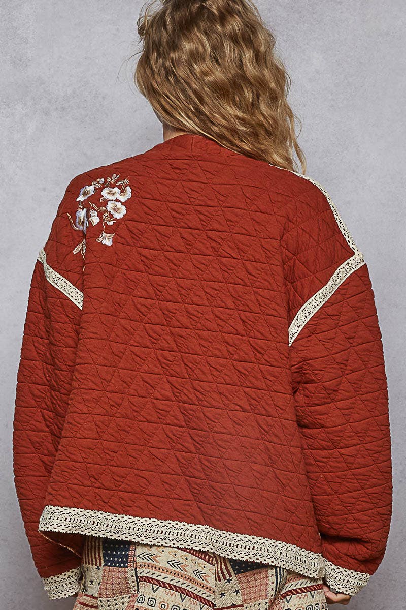 Pol Clothing - Embroidery Quilted Knit Jacket: BRICK / L