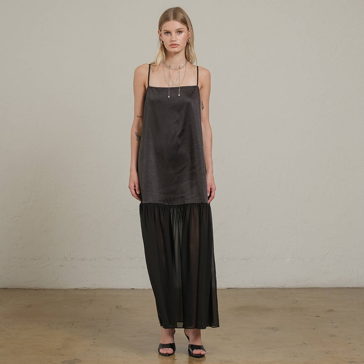 RAISONNEL - Satin Sheer Hem Maxi Slip Dress - RD1266: Black / S-M-L (3-2-1)