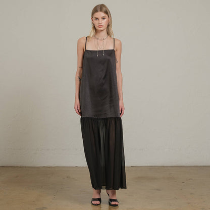 RAISONNEL - Satin Sheer Hem Maxi Slip Dress - RD1266: Black / S-M-L (3-2-1)