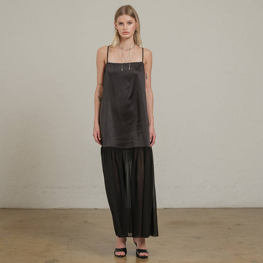 RAISONNEL - Satin Sheer Hem Maxi Slip Dress - RD1266: Black / S-M-L (3-2-1)