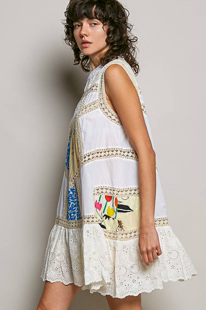 Pol Clothing - Boho Printed Scalloped Edge Eyelet Lace Mini Dress: NATURAL MULTI / S