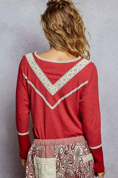 Pol Clothing - Long sleeve double gauze solid knit rib top: Black / M