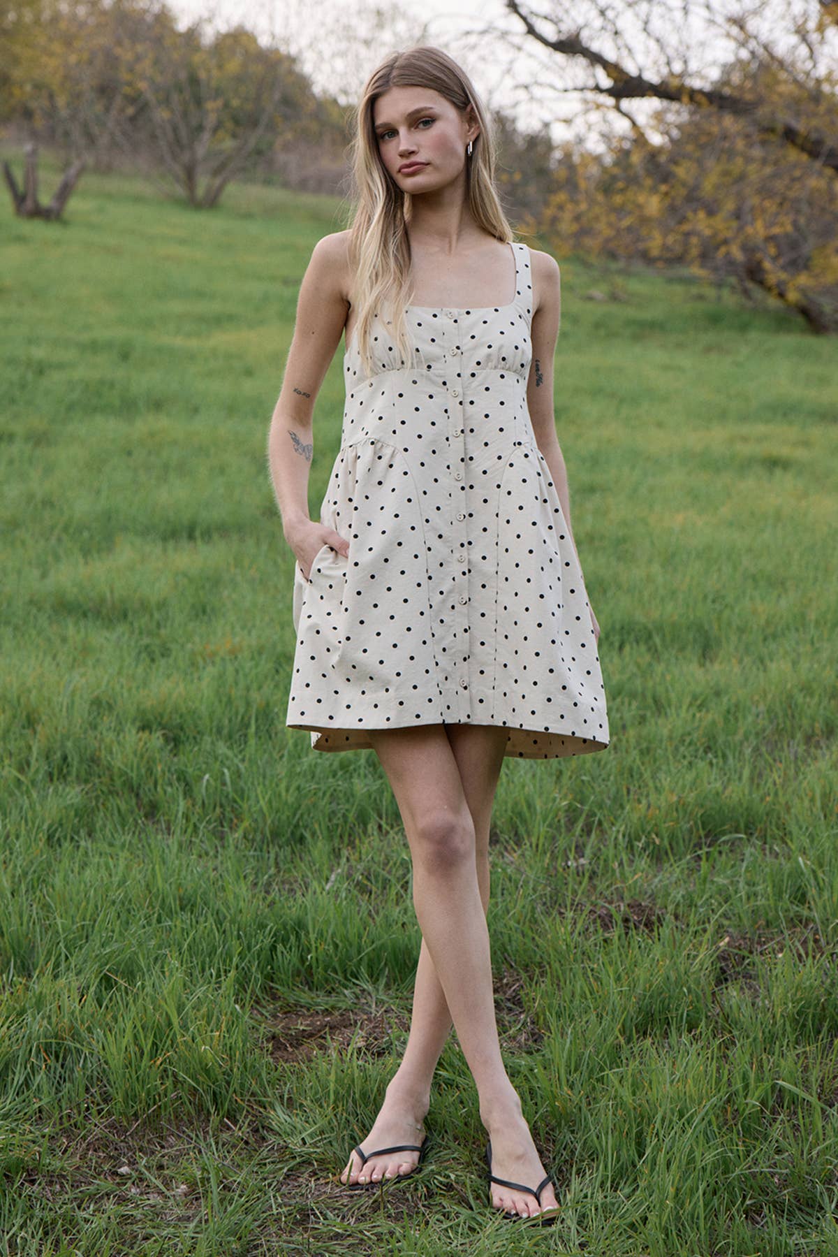 RAISONNEL - Polka Dot Button-Down Mini Dress - RD1256: BEIGE POLKA DOT / S-M-L (3-2-1)