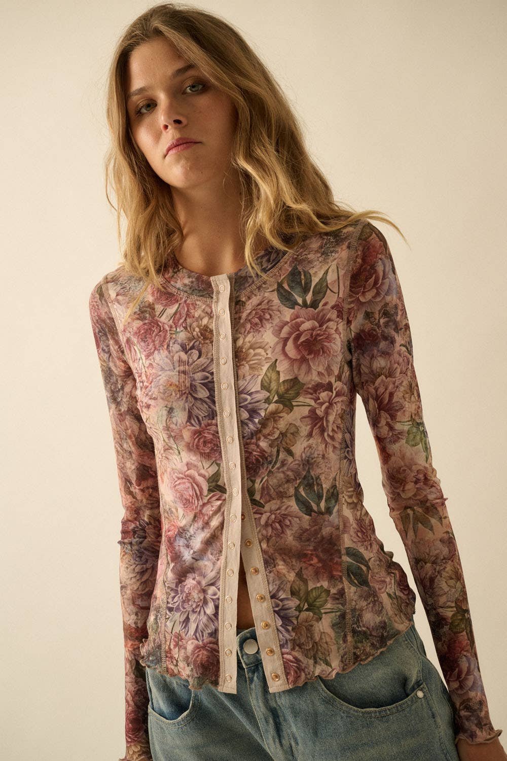 Promesa USA - Floral-Print Mesh Snap-Front Long-Sleeve Top: SAND / S