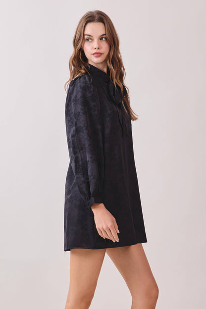 TCEC - CD06446-Floral Pattern Oversized Bowtie Detail Mini Dress: Black / S