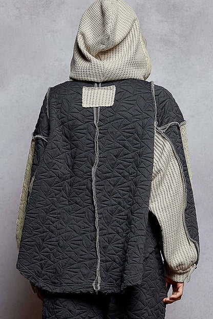 Pol Clothing - Long sleeve solid stitch edge quilted woven hoodie top: CHARCOAL / L