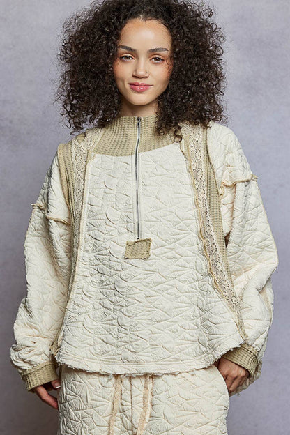 Pol Clothing - Long sleeve solid stitch edge quilted woven hoodie top: CHARCOAL / M