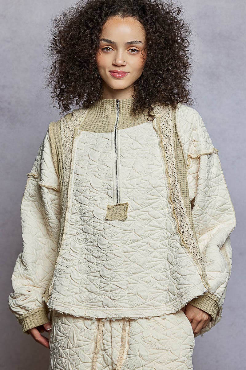 Pol Clothing - Long sleeve solid stitch edge quilted woven hoodie top: CHARCOAL / L