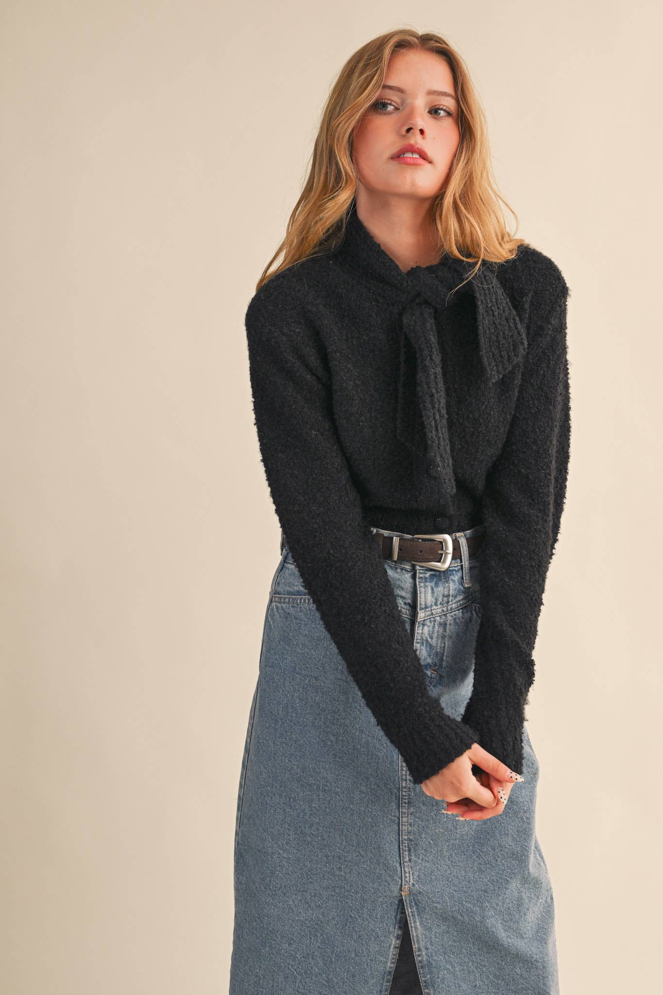 &MERCI - TYING NECK SWEATER CARDIGAN MSW11027: Black / S