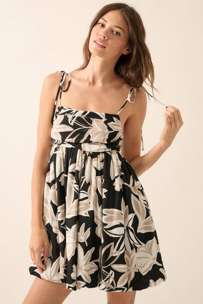 Promesa USA - Tropical Floral-Print Babydoll Bubble Mini Dress: BLACK / L