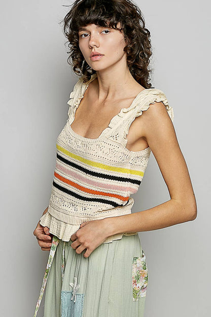 Pol Clothing - Sleeveless Striped Ruffle Cropped Thin Sweater Knit Top: NATURAL / S