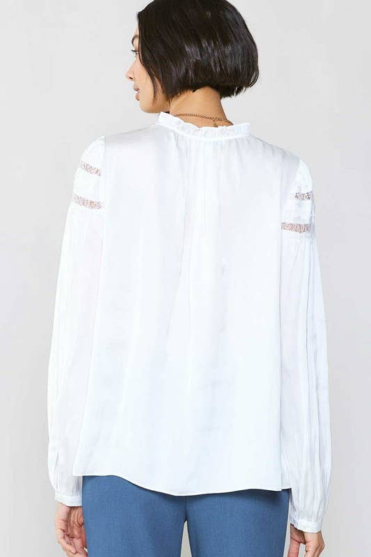 Current Air - Lace Detailed Button Down Blouse: Slate Navy / XS