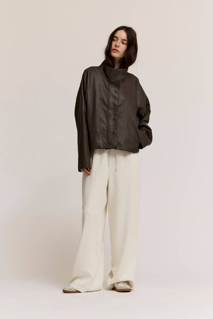 Grade & Gather - 80504LE - HIGH COLLAR SNAP BUTTONS UP VEGAN LEATHER JACKET: ASH OLIVE / Contemporary / L