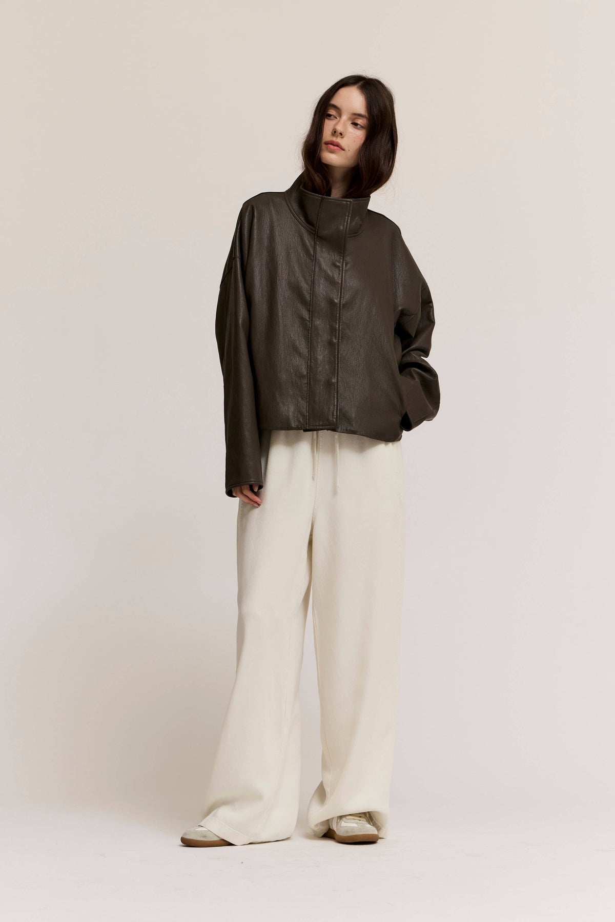 Grade & Gather - 80504LE - HIGH COLLAR SNAP BUTTONS UP VEGAN LEATHER JACKET: ASH OLIVE / Contemporary / S